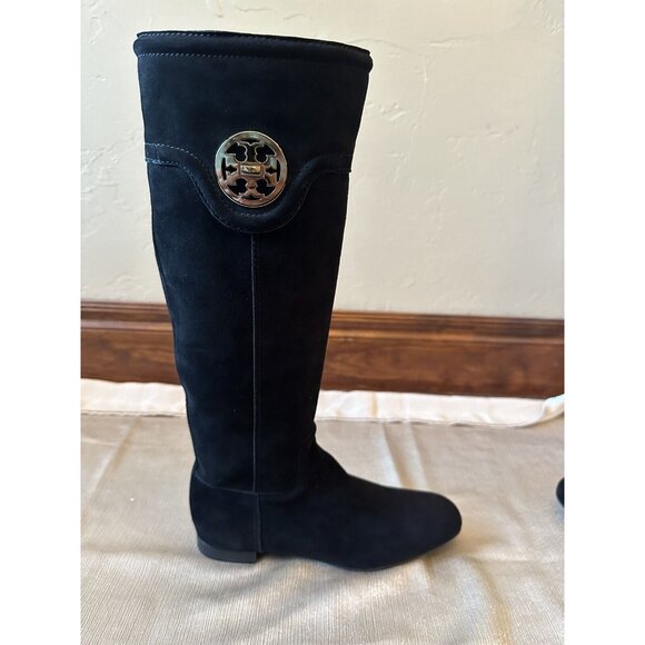 NEW w/o Box TORY BURCH Selma Black Suede Logo Riding Boot Sz 6.5 Knee High - Picture 8 of 12